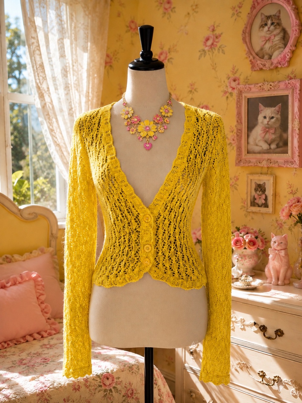 Vintage Y2K Betsey Johnson Yellow Lace Knit Women's Cardigan Sweater